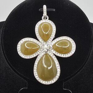 Vintage Nolan Miller Silvertone Rhinestone and Green Cross Pendant